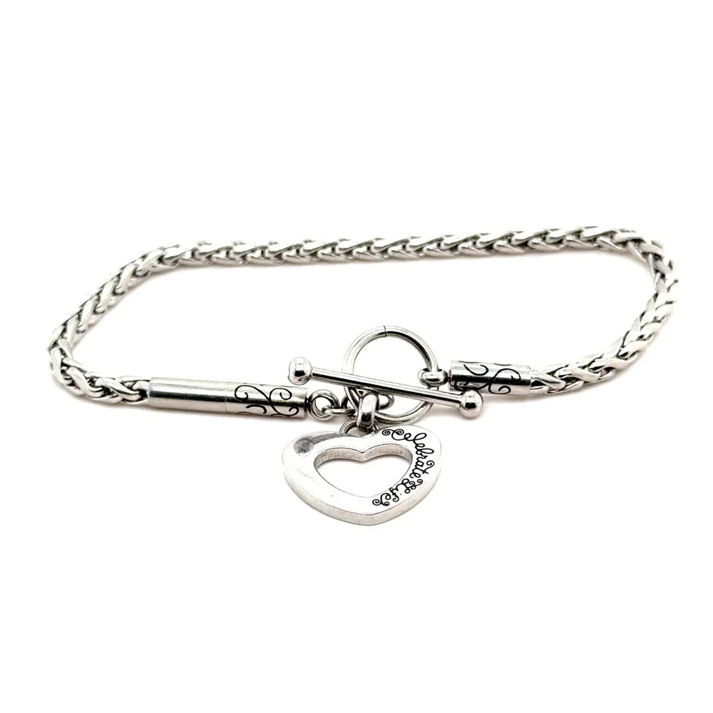 Brighton Celebrate Life Heart Charm Wheat Chain Toggle Bracelet Silver Tone